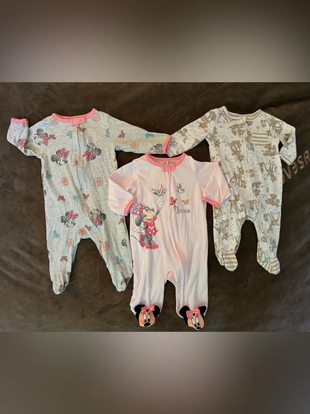 Set of (3) Disney Footed One-Piece Pajamas 1-Bambi 2&3- Minnie Mouse